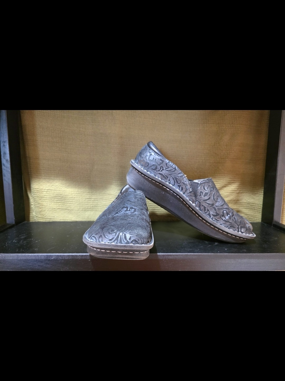 Women's Embossed Slip-On Mules in Charcoal